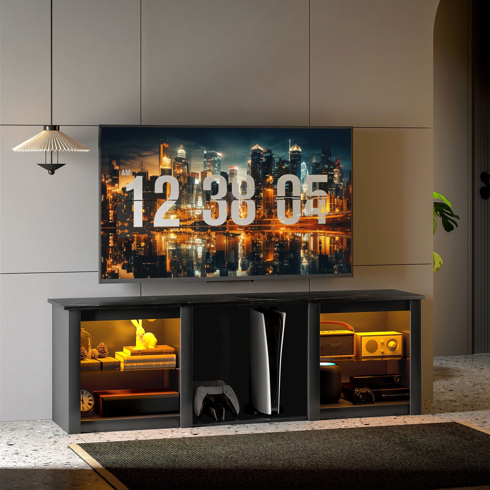 Movany Onyx – Meuble TV Hi-Fi noir, plateau effet marbre