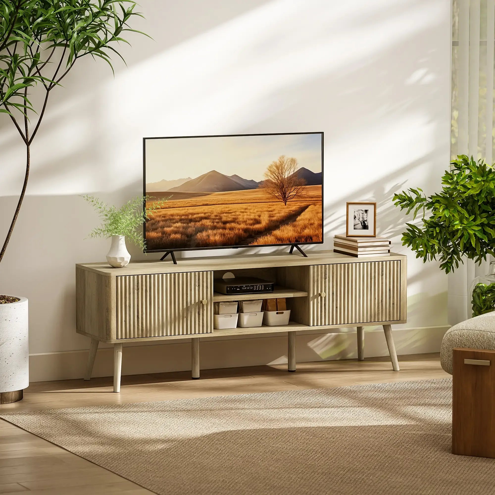 Movany Alma – Meuble TV Hi-Fi bois clair, 2 portes rainurées