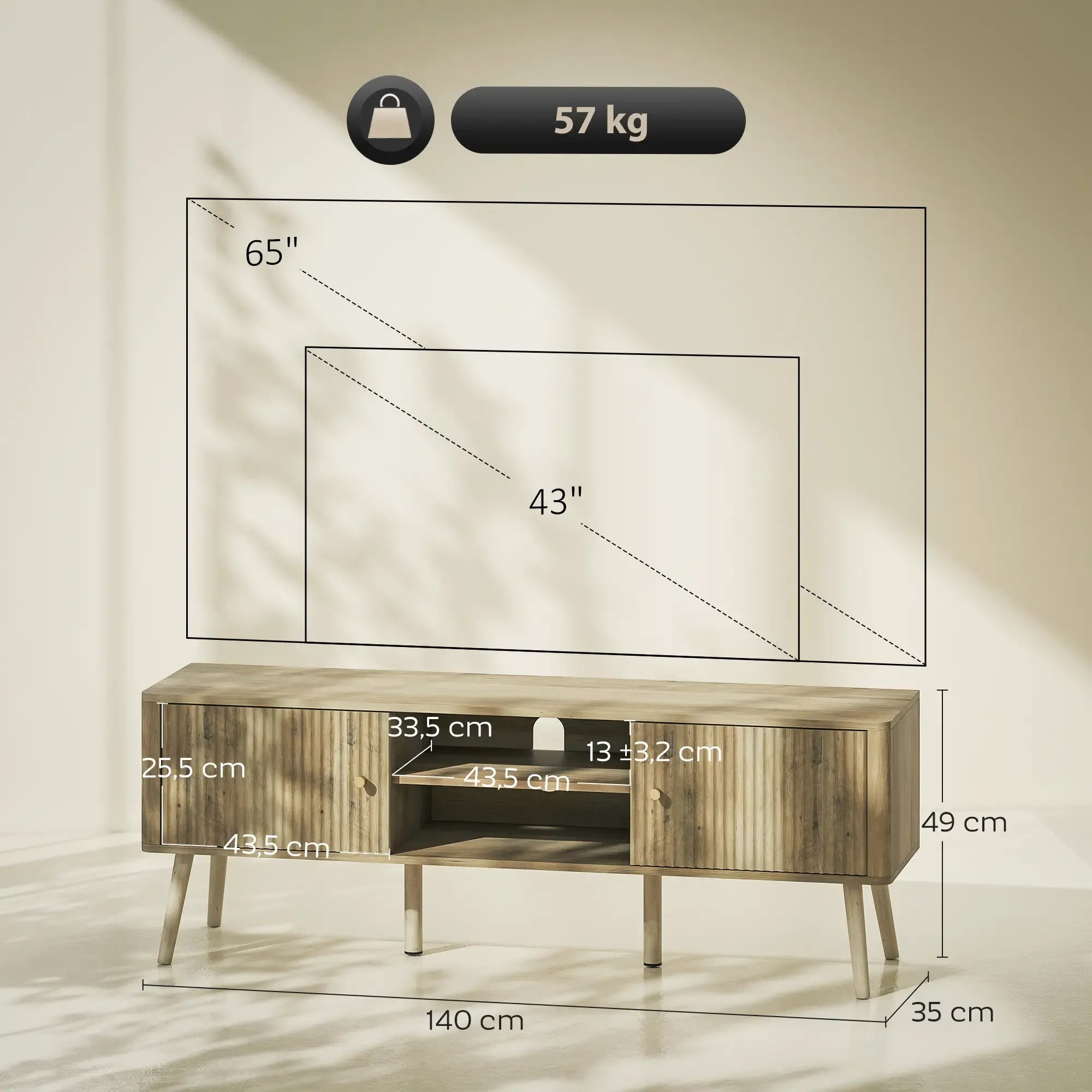 Movany Alma – Meuble TV Hi-Fi bois clair, 2 portes rainurées