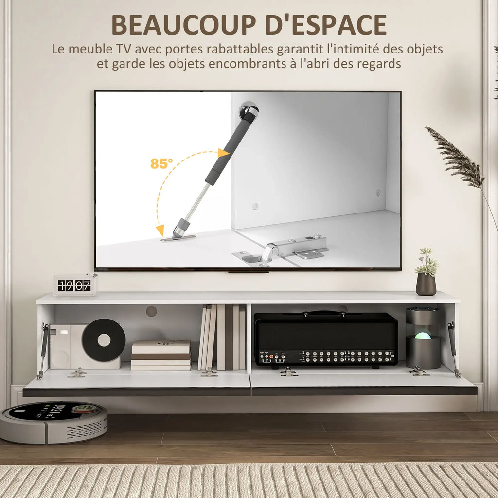 Movany Ivoire – Meuble TV suspendu blanc, rangements fermés