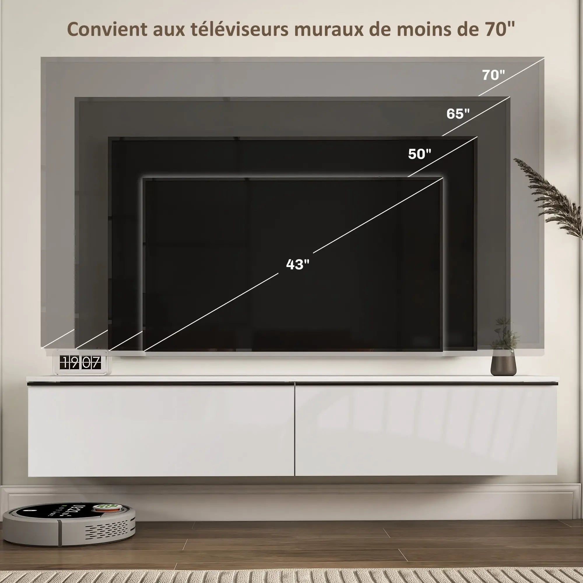Movany Ivoire – Meuble TV suspendu blanc, rangements fermés