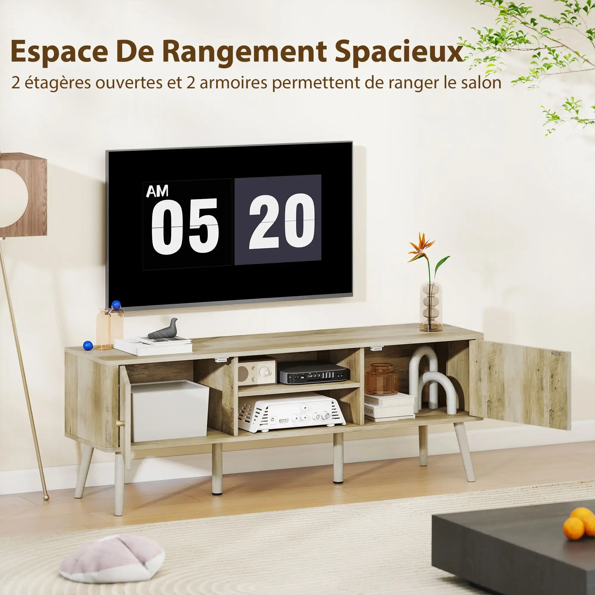 Movany Alma – Meuble TV Hi-Fi bois clair, 2 portes rainurées