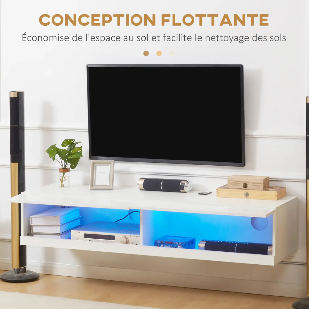 Movany Éclat – Meuble TV suspendu blanc avec éclairage LED