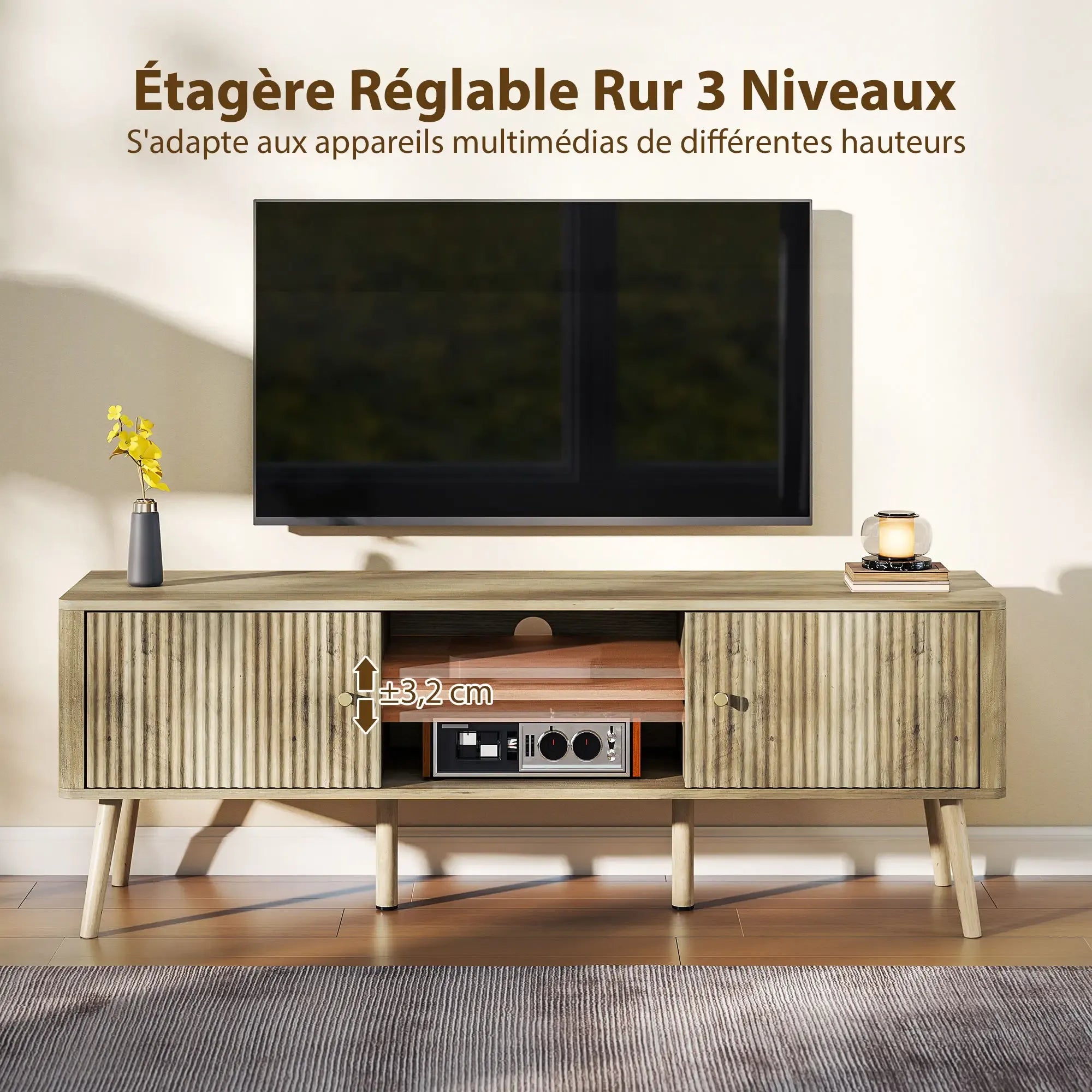 Movany Alma – Meuble TV Hi-Fi bois clair, 2 portes rainurées