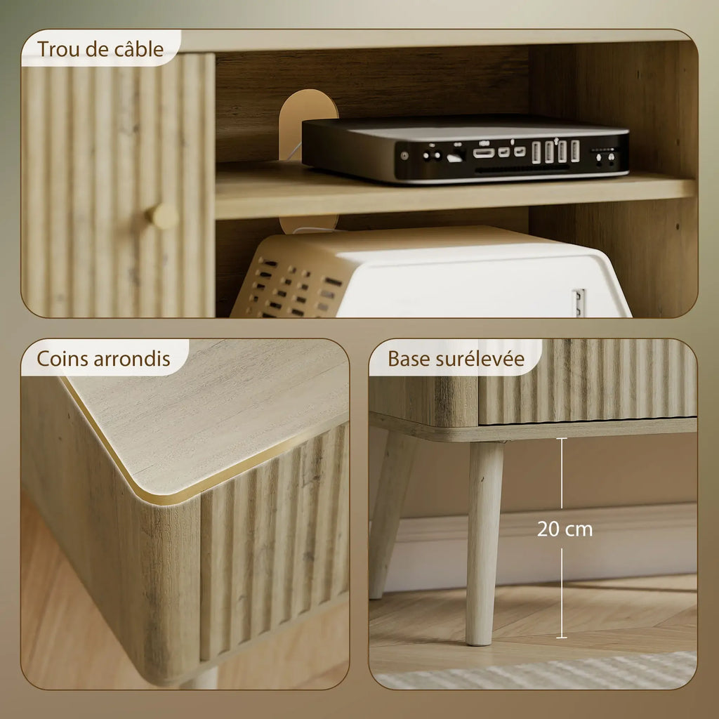 Movany Alma – Meuble TV Hi-Fi bois clair, 2 portes rainurées