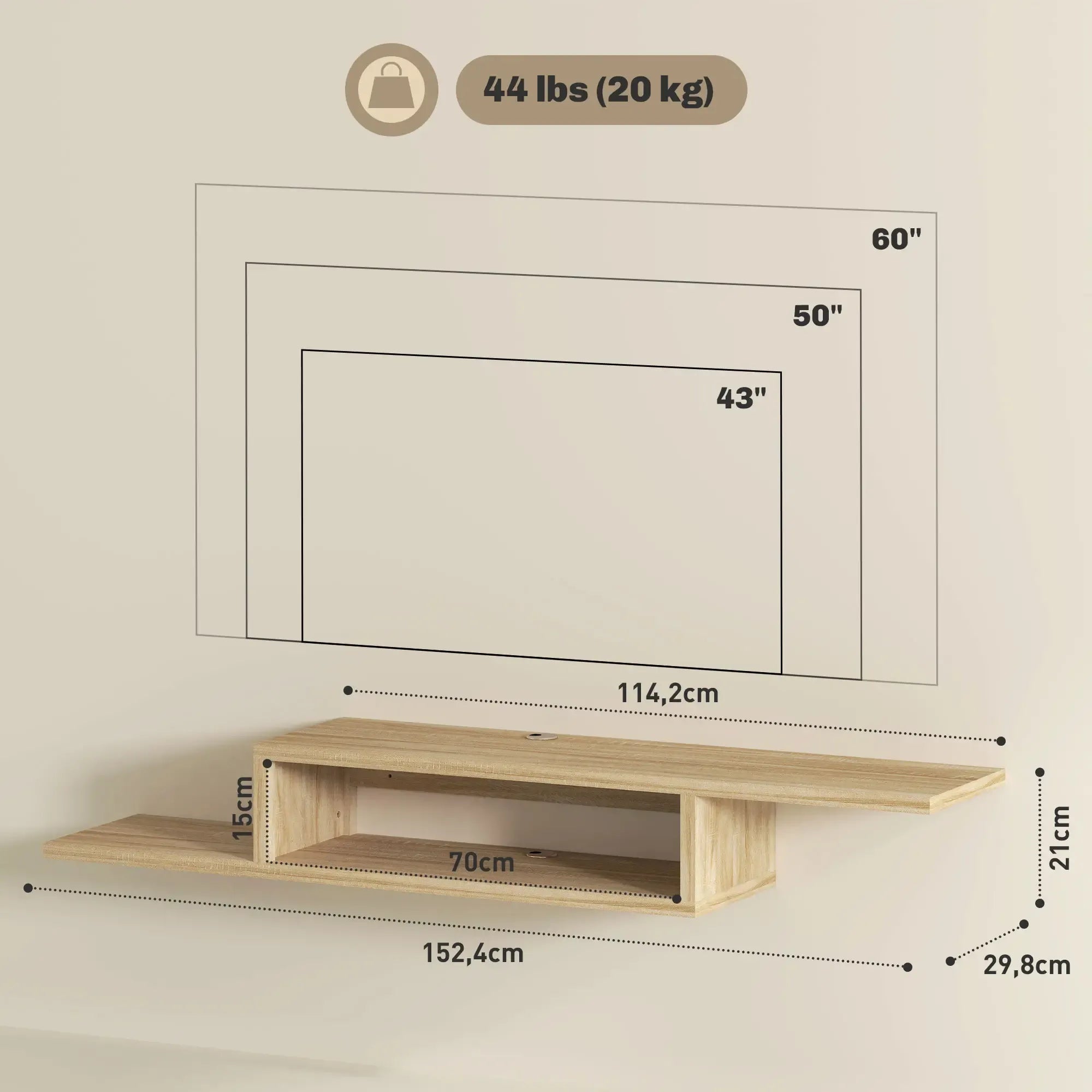 Movany Linea – Meuble TV suspendu bois clair, étagères ouvertes