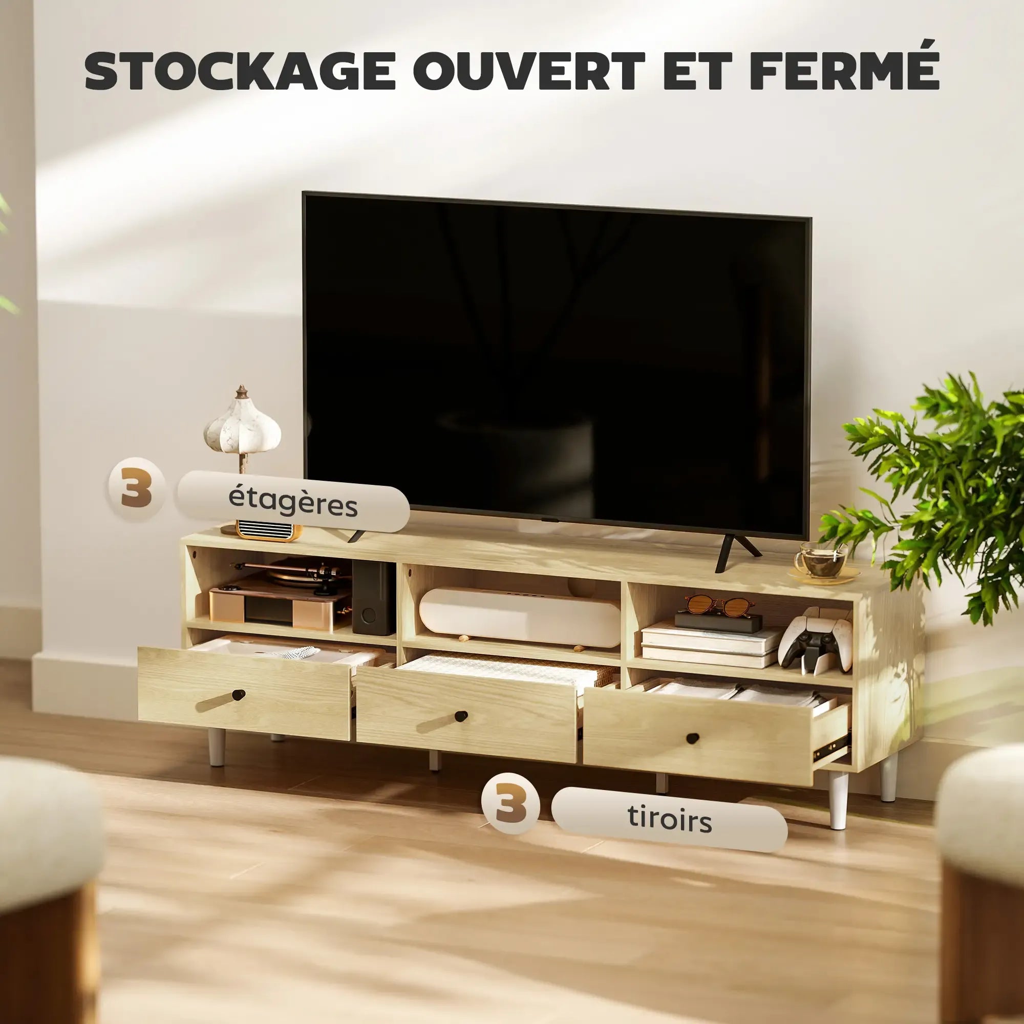 Movany Ava – Meuble TV bois clair, 3 tiroirs et étagères ouvertes