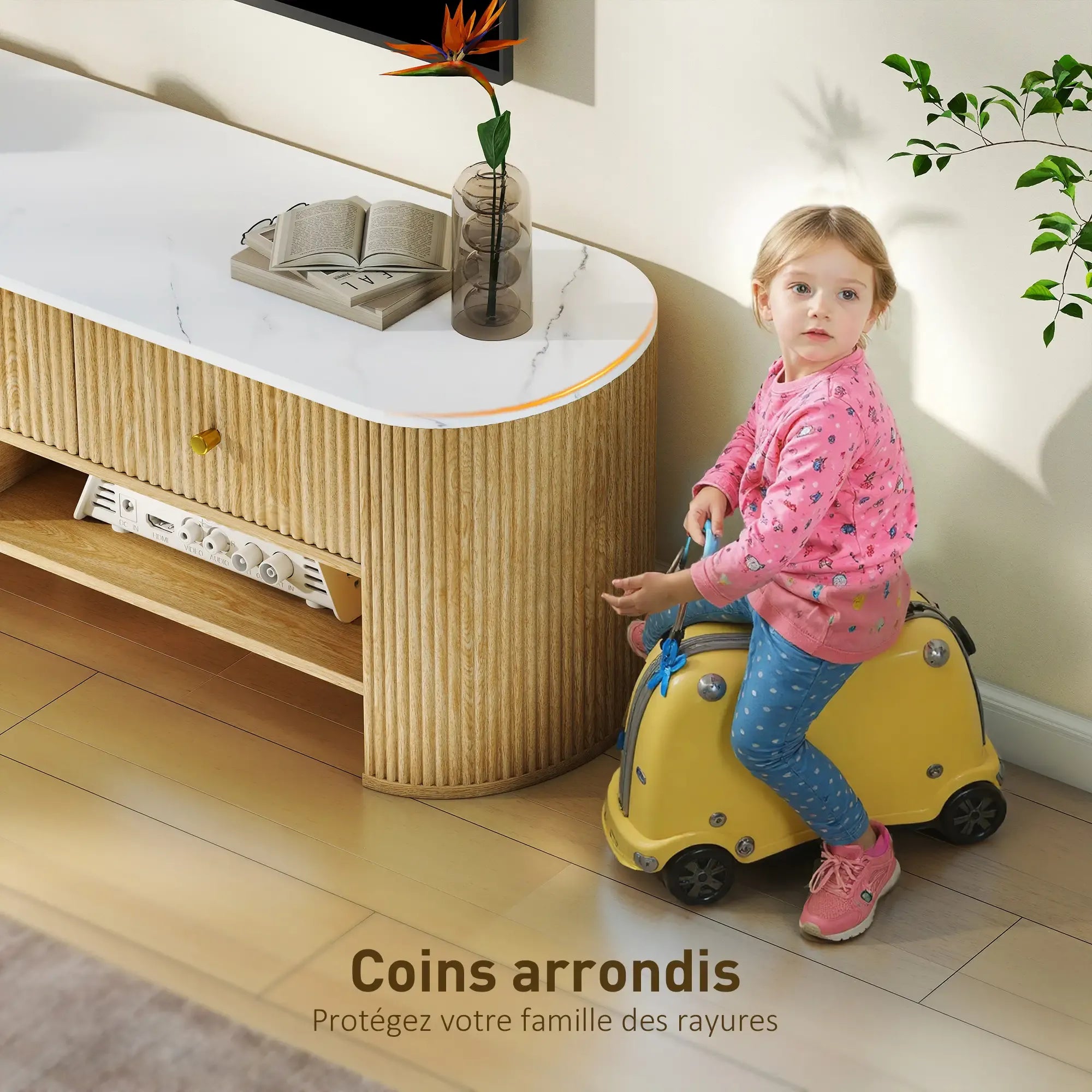 Movany Solen – Meuble TV design bois clair avec plateau effet marbre