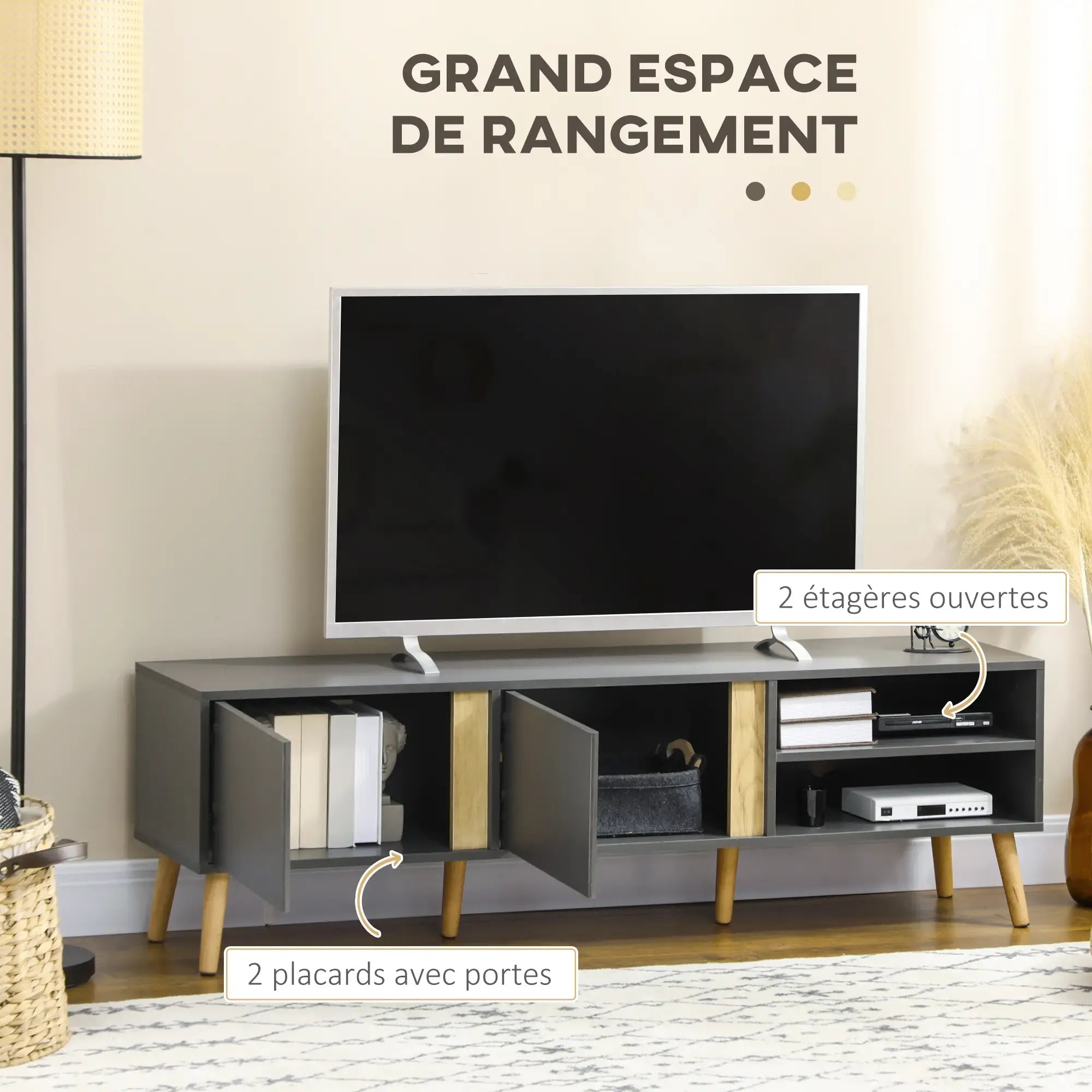 Movany Basalte – Meuble TV gris mat, étagères ouvertes