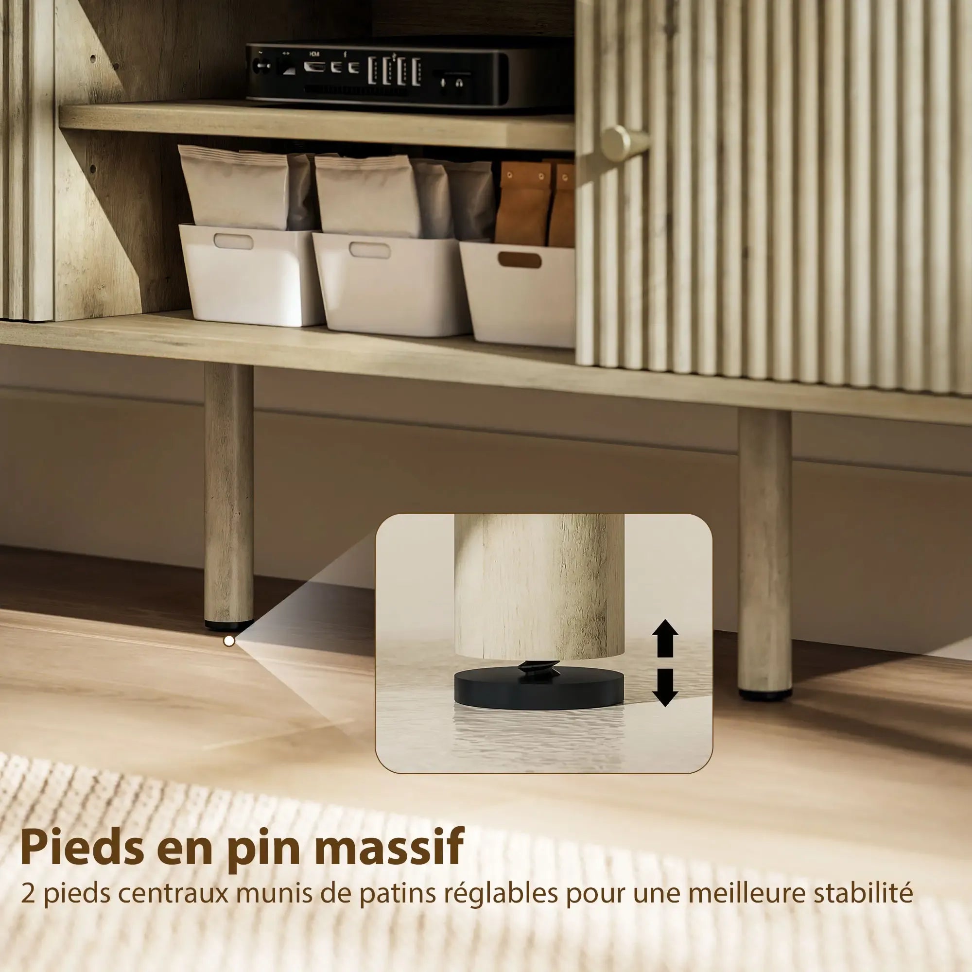 Movany Alma – Meuble TV Hi-Fi bois clair, 2 portes rainurées