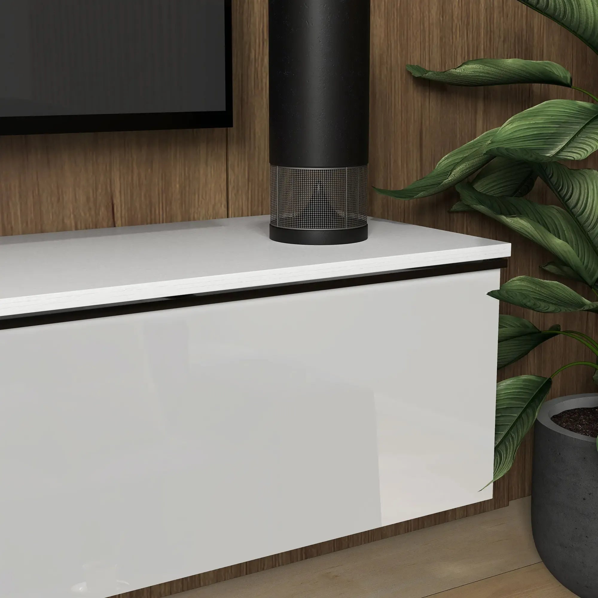 Movany Ivoire – Meuble TV suspendu blanc, rangements fermés