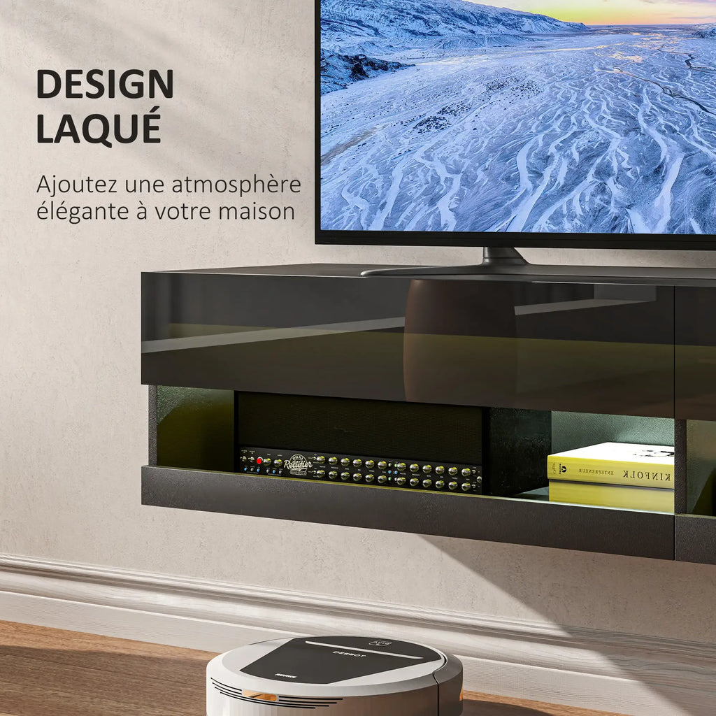 Movany Éclat – Meuble TV suspendu blanc avec éclairage LED