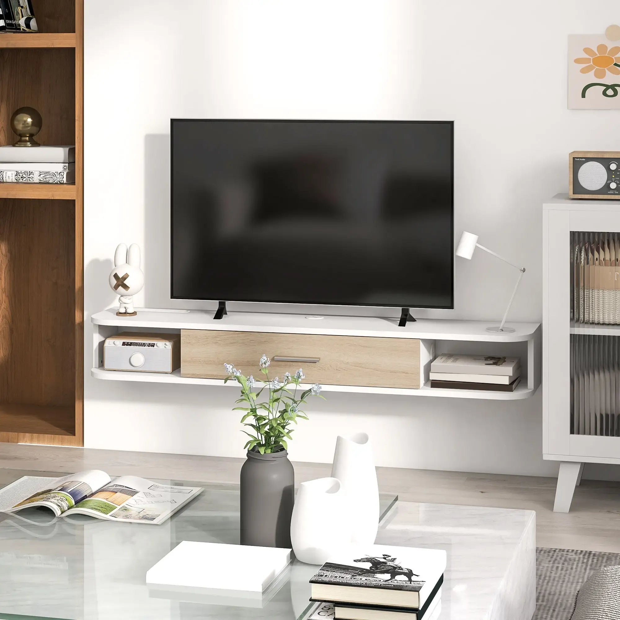 Movany Divine – Meuble TV suspendu blanc, tiroir central