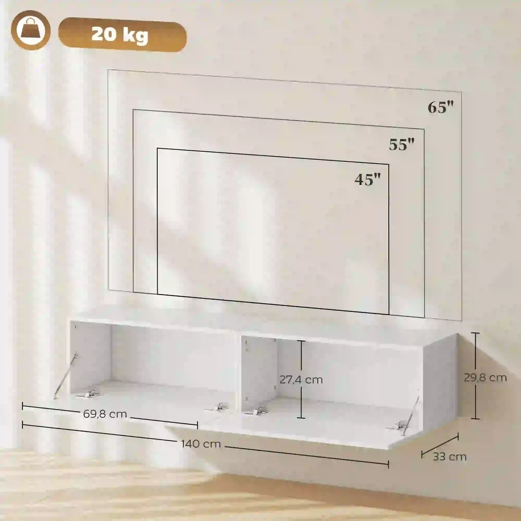 Movany Aura – Meuble TV suspendu blanc, portes sans poignées