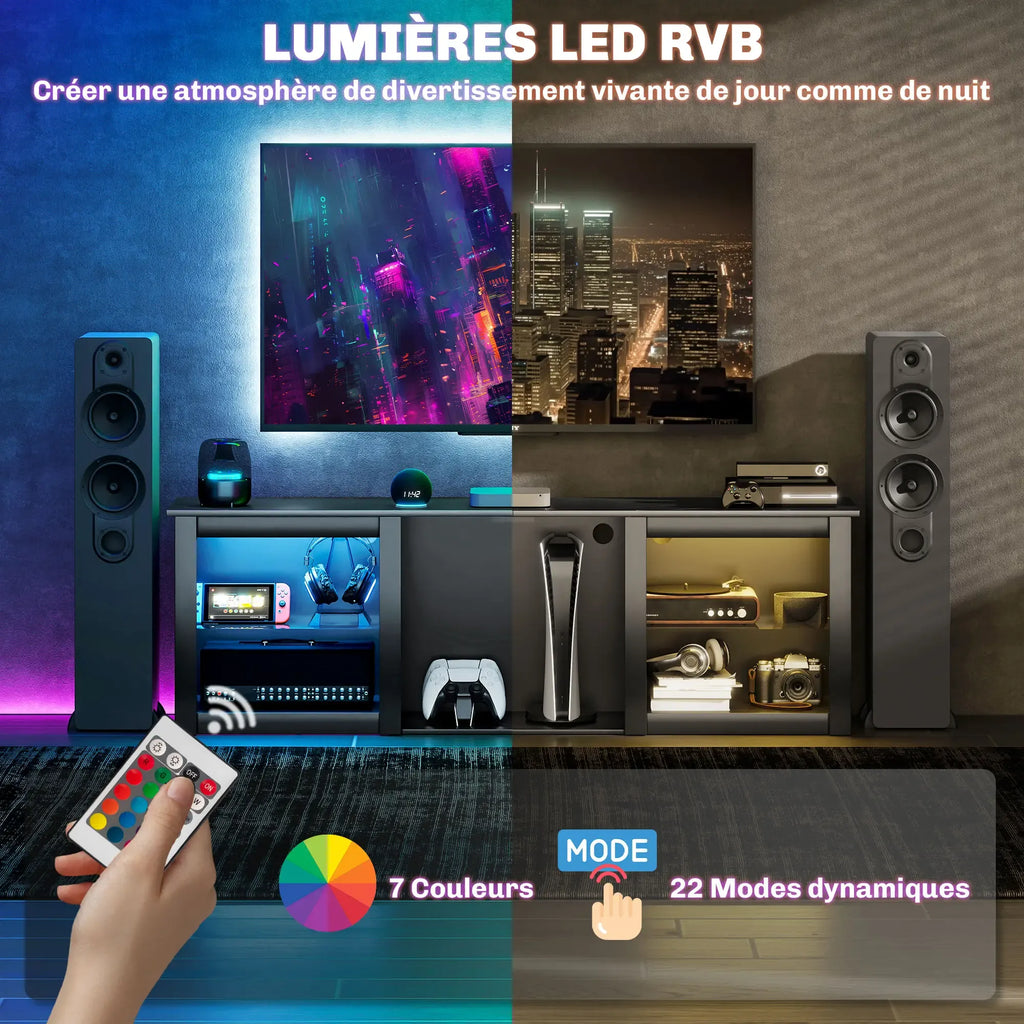 Movany Onyx – Meuble TV Hi-Fi noir, plateau effet marbre